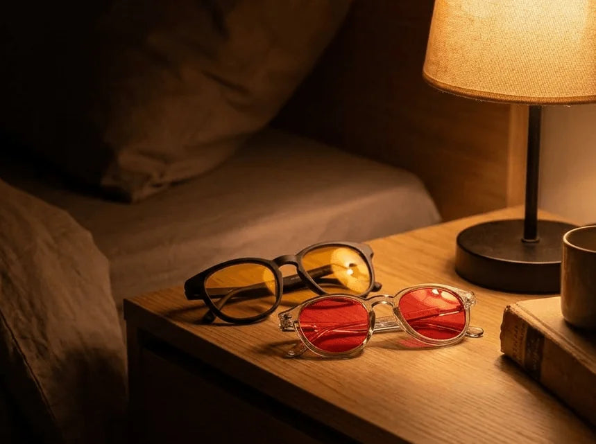 Red, amber, and clear lens glasses compared for sleep — Freddie article cover