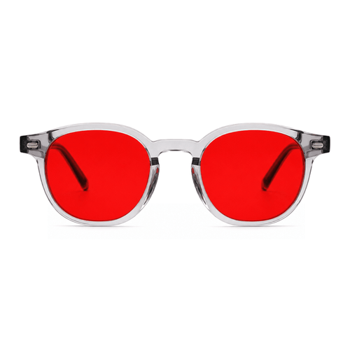 Freddie Bedtime Glasses with red lenses and clear acetate frame, front view