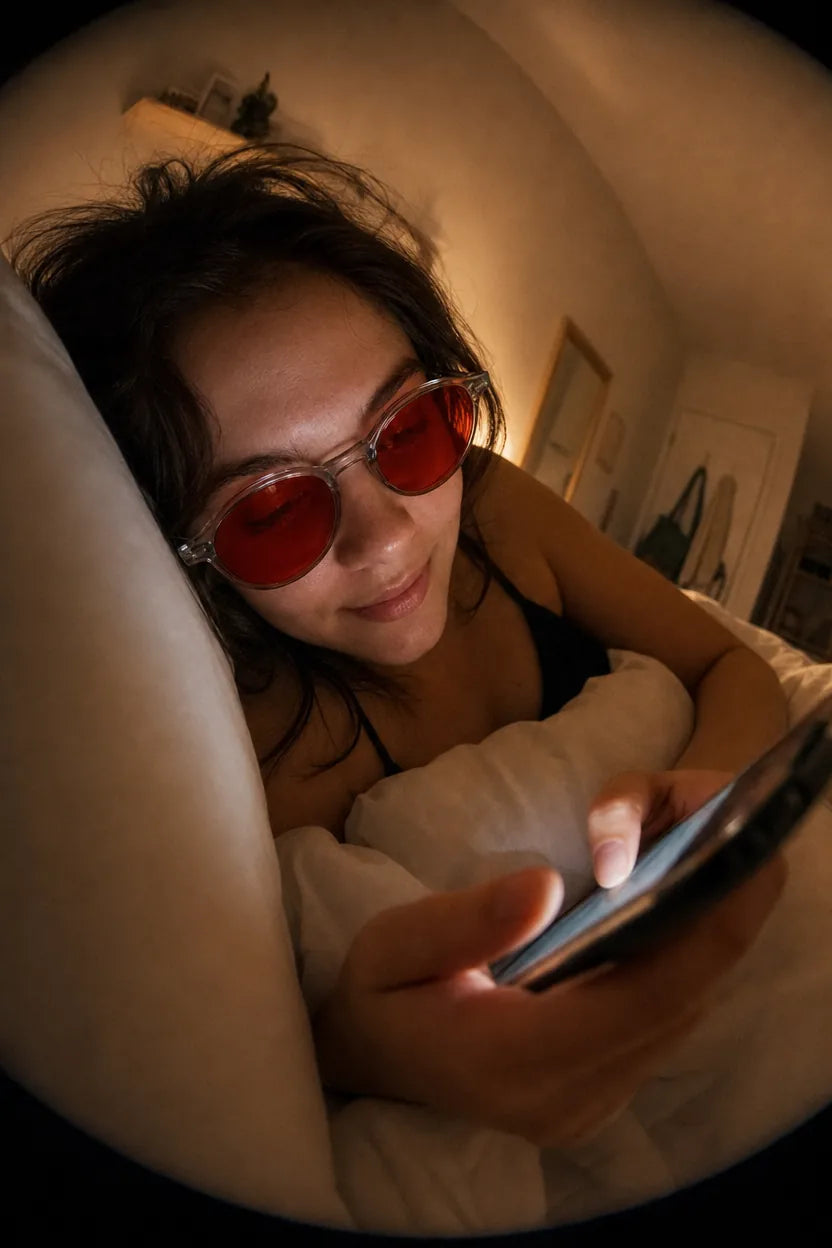 Woman scrolling on her phone in bed wearing Freddie Bedtime Glasses with red lenses