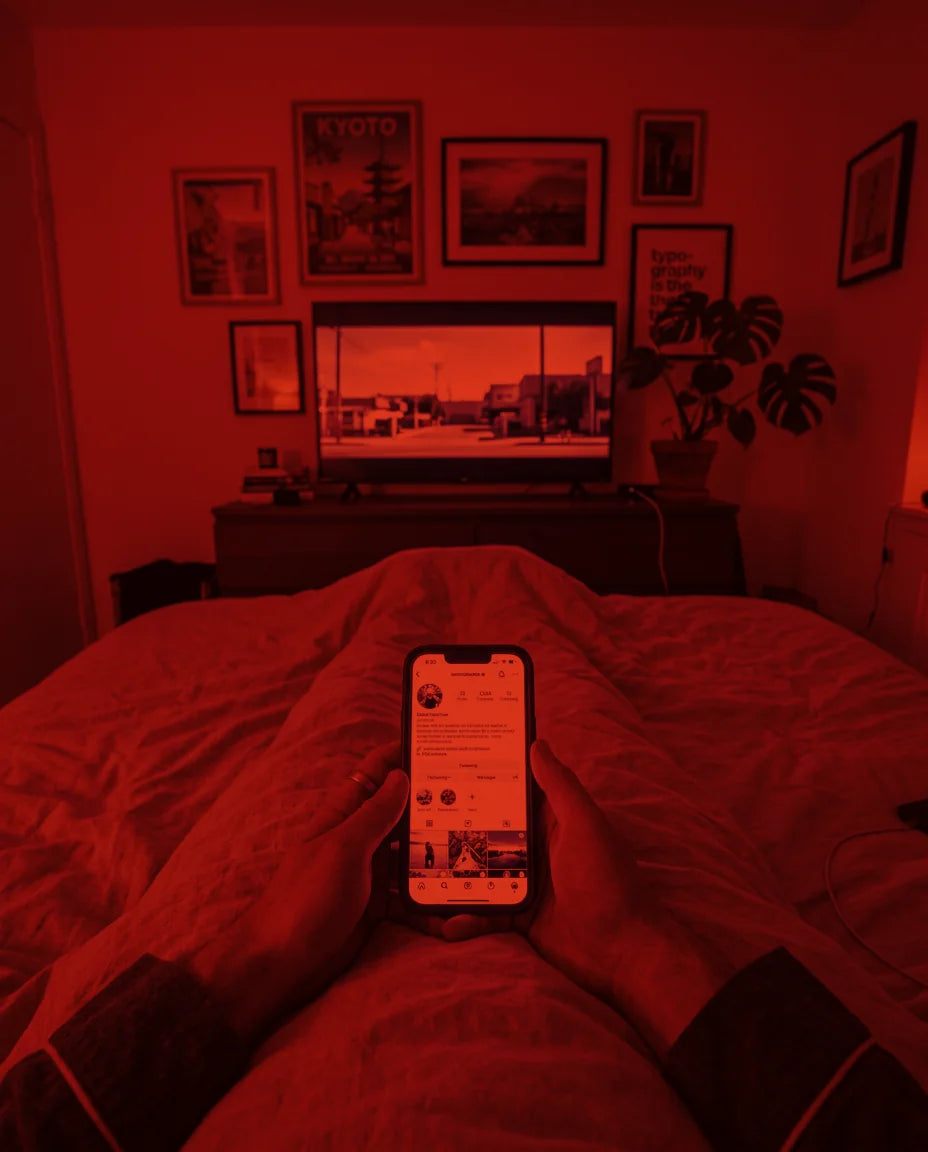 The same scene through Freddie's red lens, with blue and green light filtered out