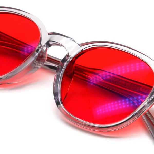 Close-up of the optical-grade red lenses on Freddie Bedtime Glasses
