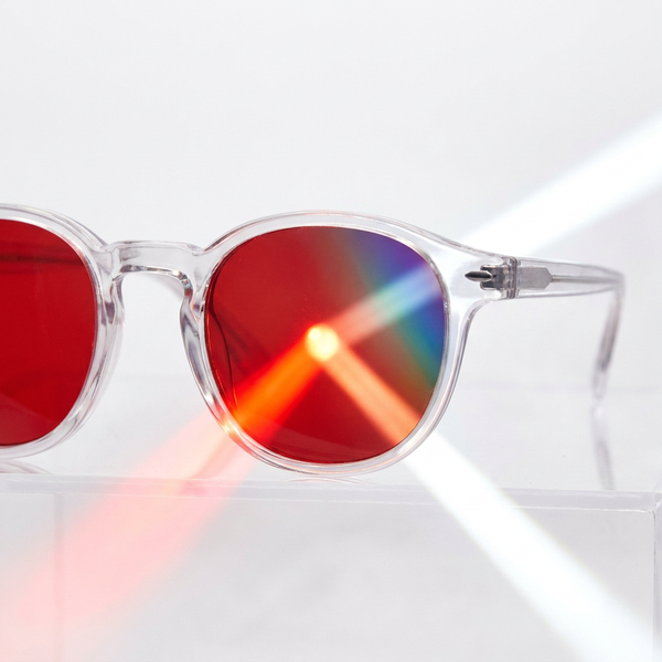 Freddie Bedtime Glasses with optical-grade red lenses on a white background