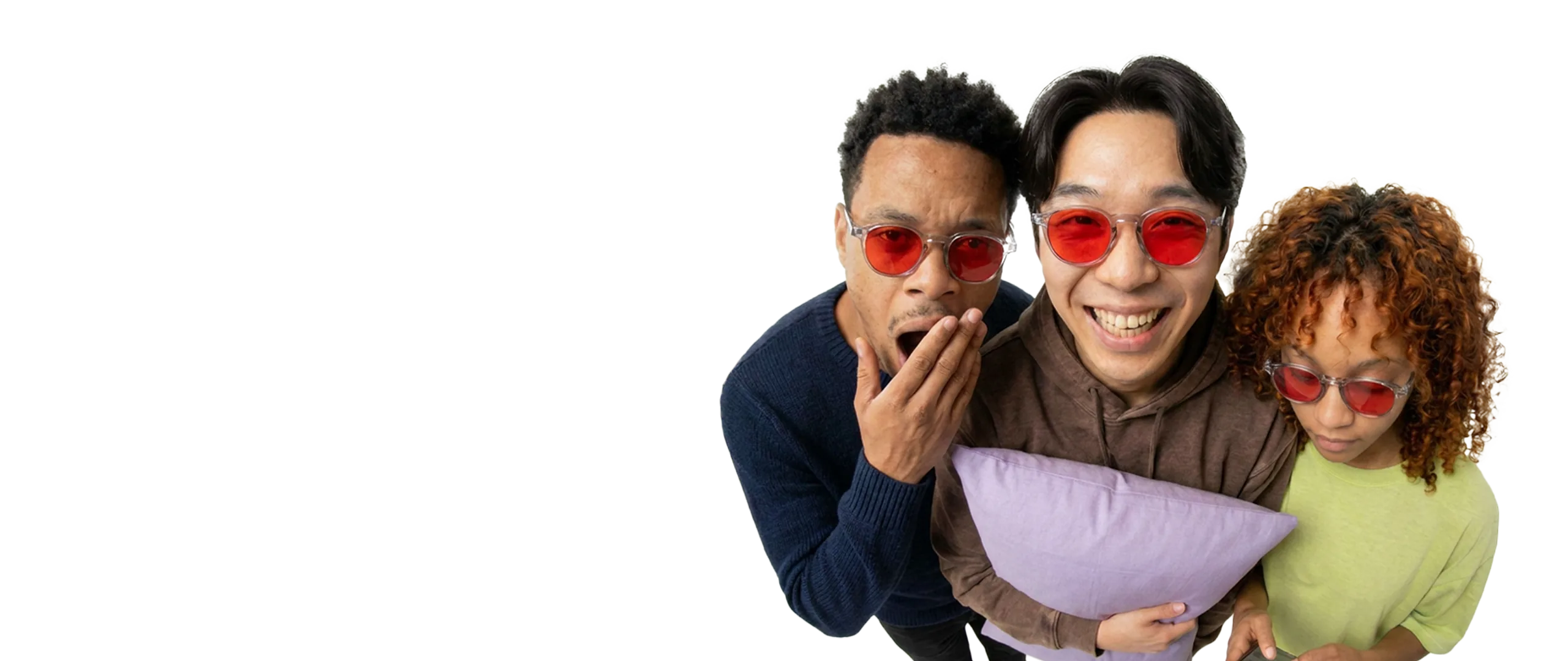 Three friends wearing Freddie Bedtime Glasses with red lenses