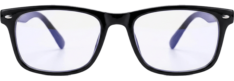 Typical blue-light glasses with clear lenses and black frames