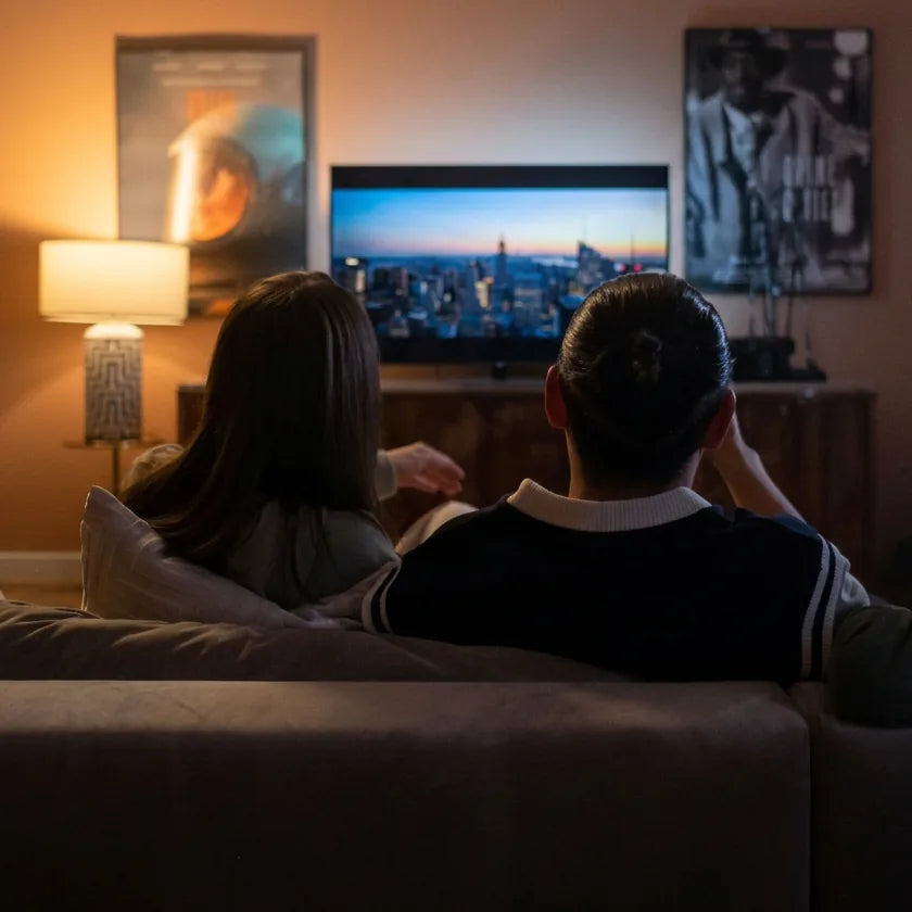 Three people sitting on a couch watching television in a dimly lit room